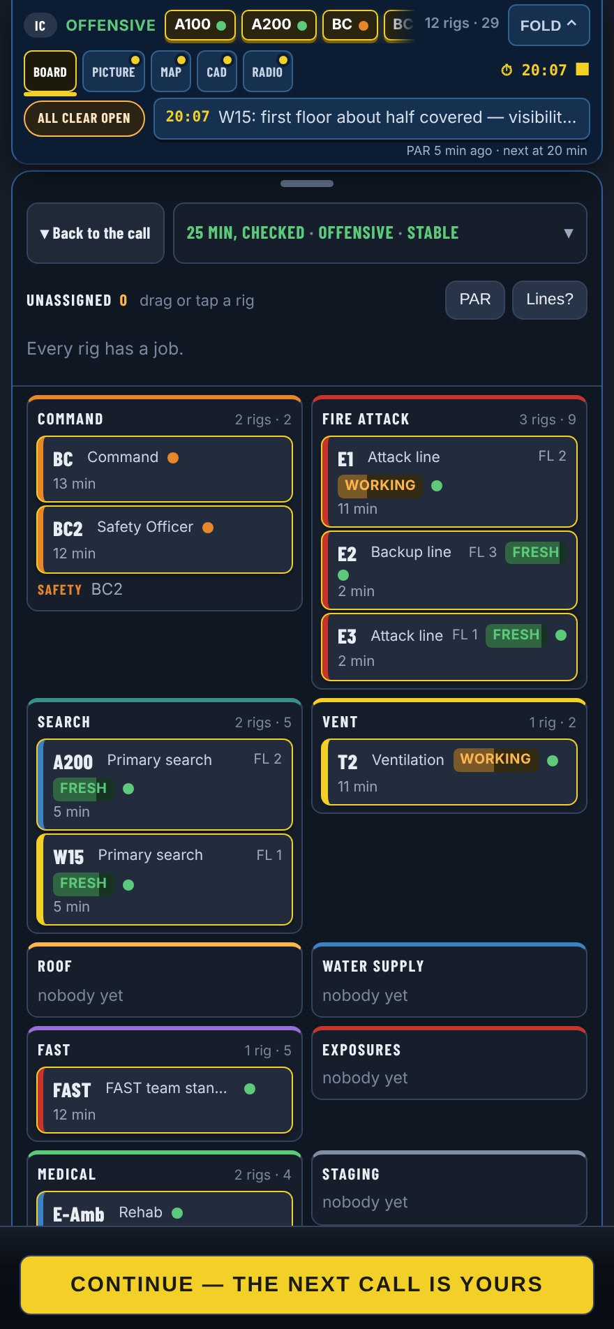 Cognition on a phone: the command board 25 minutes into a two-and-a-half-story house fire, three engines on fire attack, two crews on primary search, the truck venting, a safety officer and FAST team assigned, every rig with a job