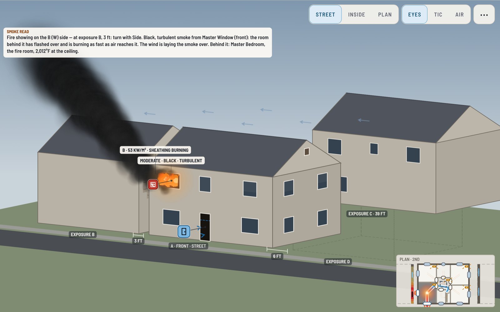 Flow Path Analyzer from the street: a bedroom past flashover with flame and black smoke out the second-floor window, the wind laying the smoke over the house next door, its sheathing burning